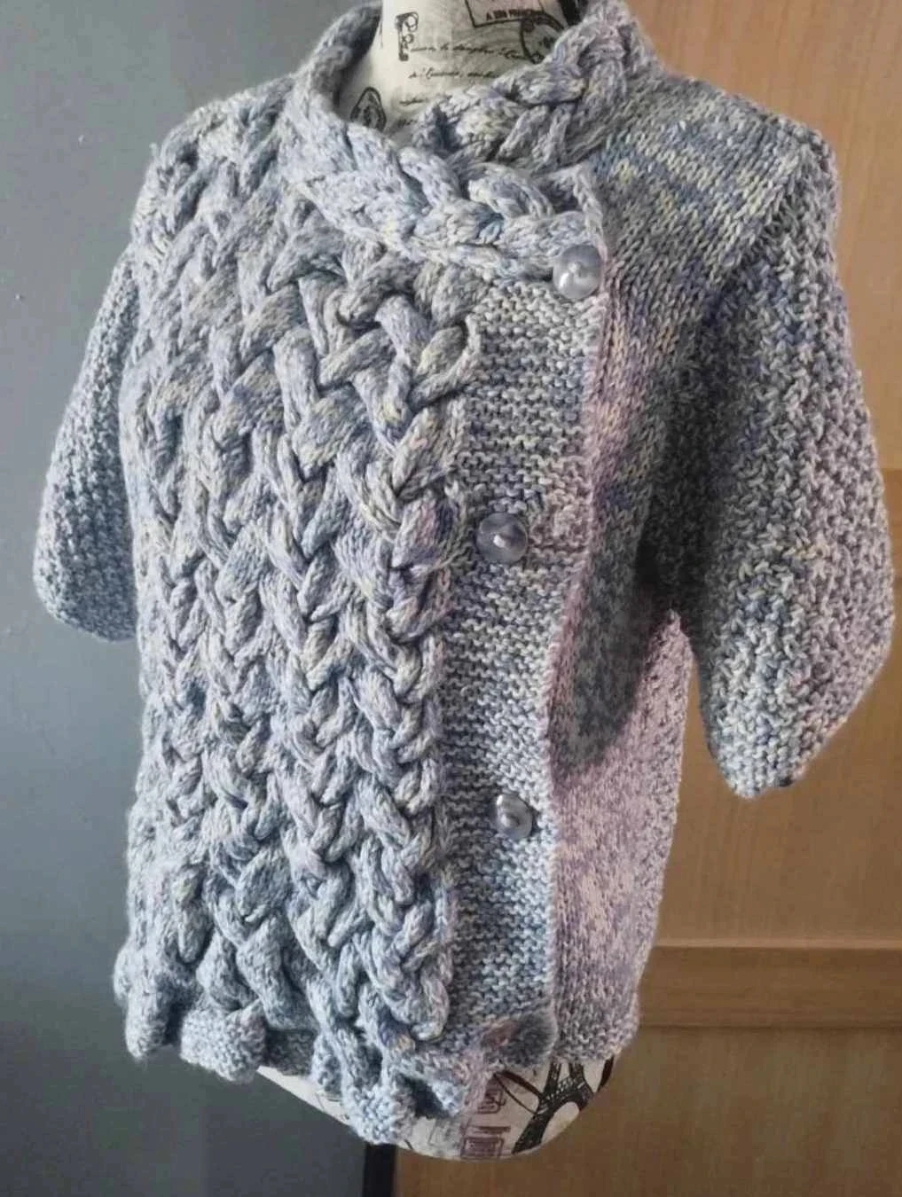 Cardigan azul claro/creme, lã, Fait Main T38//40 – photo 5